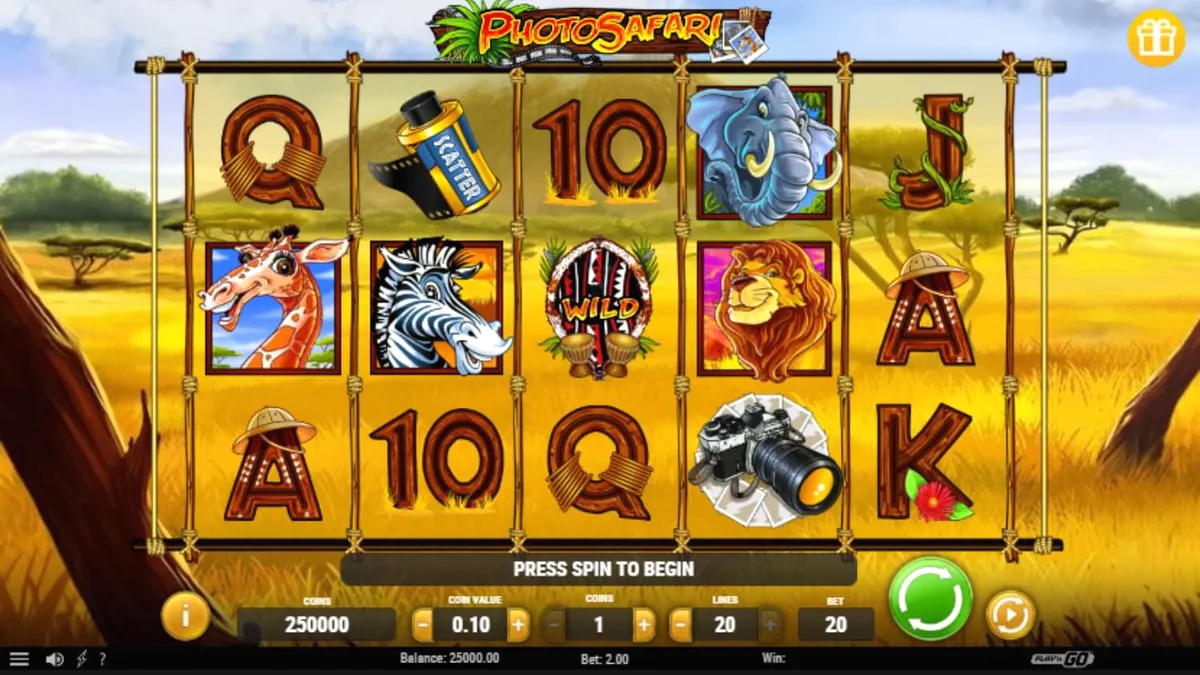 Tampilan visual slot bertema safari dengan simbol hewan eksotis dan peralatan fotografi.