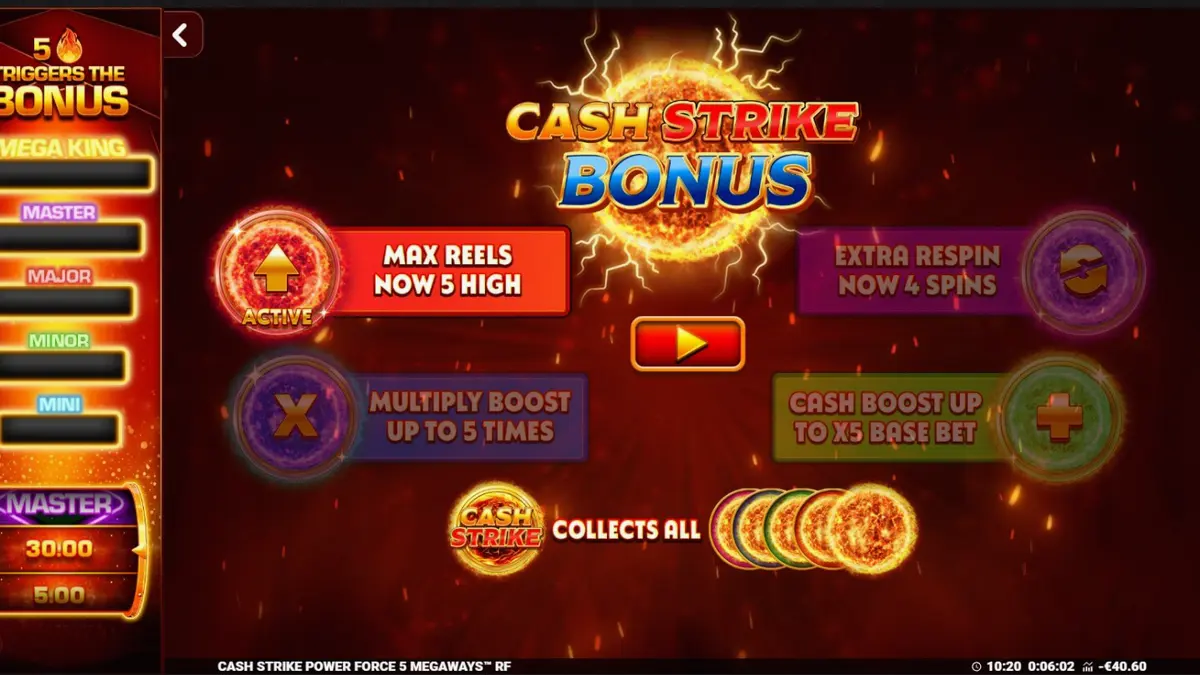Tampilan antarmuka permainan slot Cash Strike Power Force 5 Megaways dengan simbol buah klasik dan fitur Megaways.